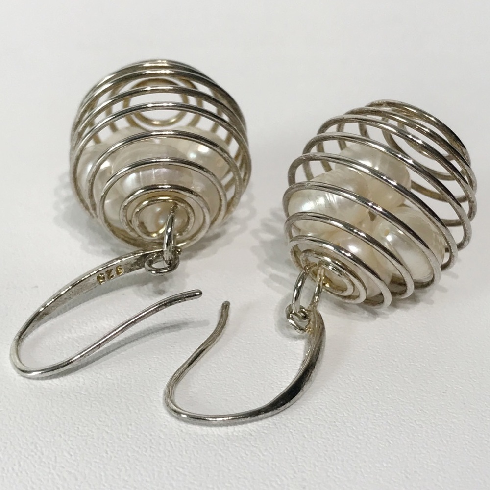 Vintage Sterling Silver 925 Wire Cage 6 Baroque Pearl Egg Basket Drop Earrings - Picture 16 of 16